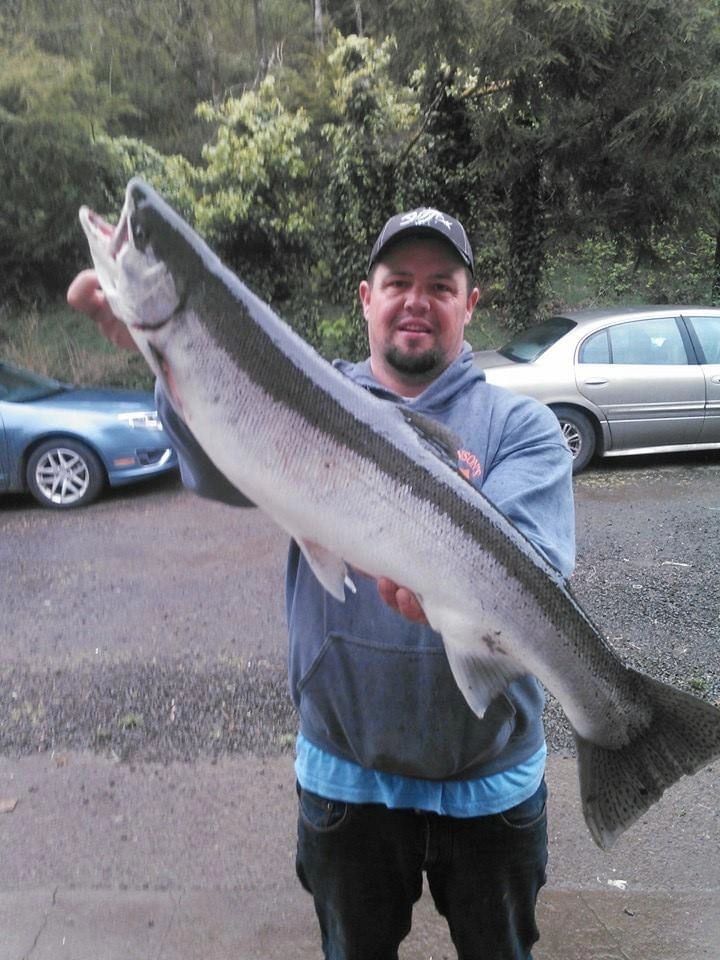 Angler displaying large chinook salmon in parking area with cars and trees in background