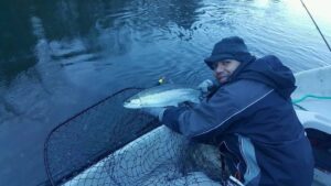 Angler in dark jacket holding coho salmon in net on boat during early morning or dusk fishing trip.