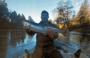 Angler in small boat holding large coho salmon on calm river with forested banks at dawn or dusk.