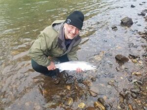 Angler kneeling in shallow water holding a bright silver coho salmon on rocky riverbank