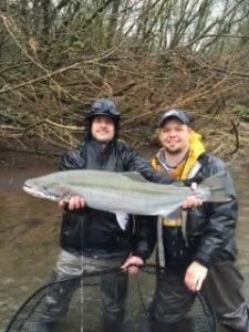 Two anglers in waders holding a large steelhead in shallow river water with bare branches overhead.