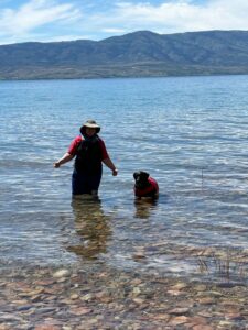 Person and dog wearing life vest wading in shallow water with mountains visible in background